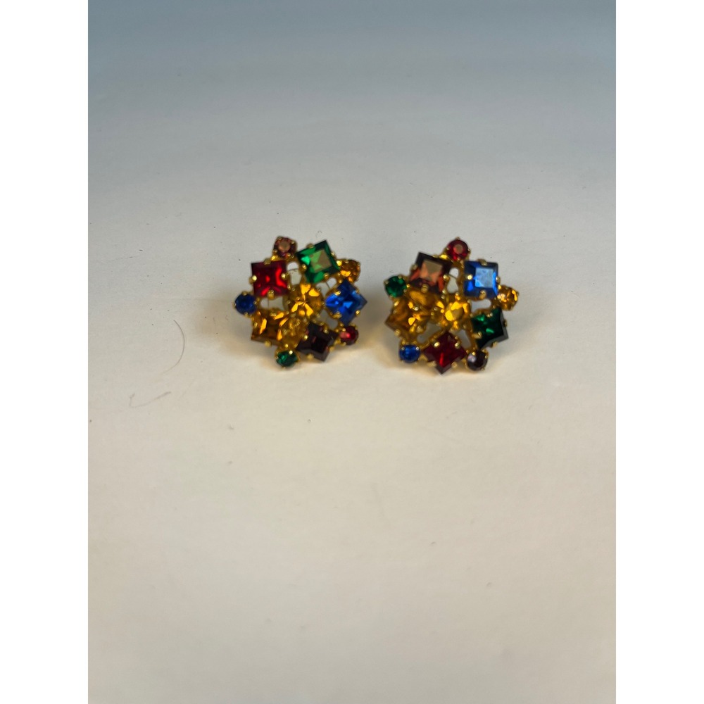 Vintage Multi Color Crystal Cluster Stud Earrings Gold Tone Starburst Statement